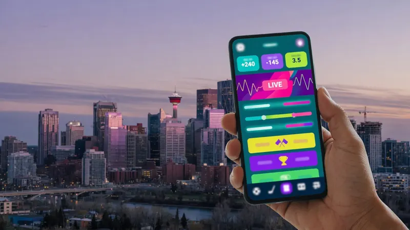 A hand holds a smartphone displaying a colorful live event interface with stats, against a dusk city skyline featuring the Calgary Tower.