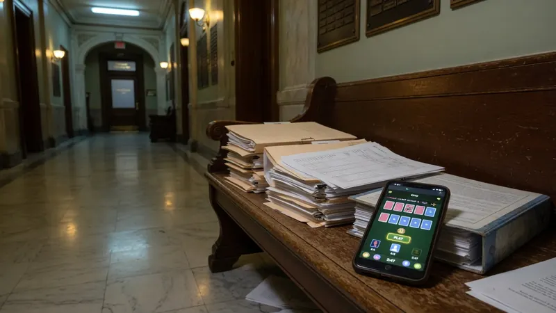 A smartphone displaying a tile-matching game rests on a wooden bench cluttered.