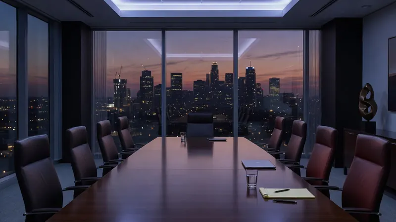 Modern conference room with a long wooden table, leather chairs, and a stunning view of a city skyline at dusk through large windows.