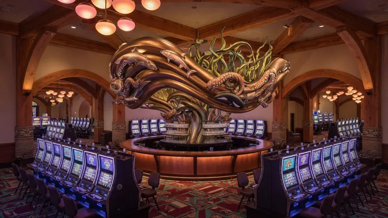 Interior of a luxurious casino featuring rows of illuminated slot machines arranged around a central circular bar.