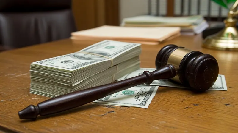 A wooden gavel rests on a wooden desk beside stacks of US one-hundred-dollar bills and scattered currency.