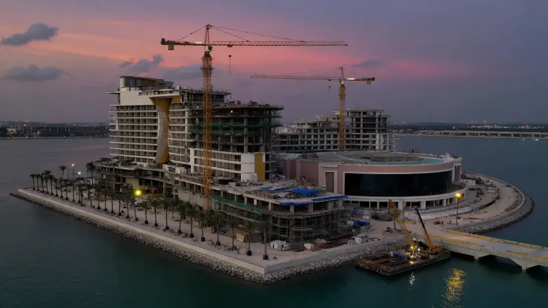 Aerial view of a large multi-building resort complex under construction on a man-made peninsula at dusk, with two tall tower cranes.